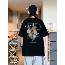 EQ245*玫瑰花印花短袖男女中性风夏季T恤港风ins潮流街头半袖，男装T恤，电商C306-1