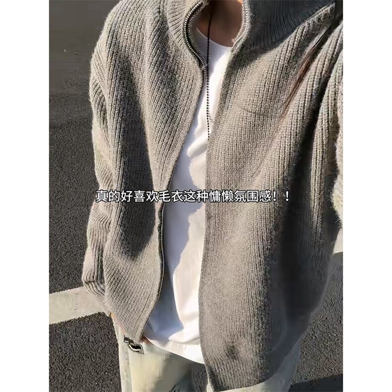 重磅秋冬北极绒双拉链毛衣开衫美式复古休闲慵懒风宽松针织衫外套,男装针织衫/毛衣,电商A486-1
