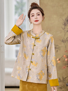 闺舍2025春季新款新中式国风宋锦金线提花真丝盘扣外套女立领撞色图片
