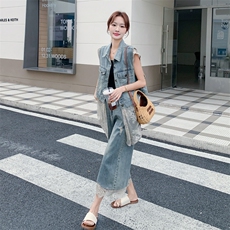 韩版蕾丝拼接牛仔马甲阔腿裤套装女2025夏季新款度假风显瘦两件套，女装套装/套裙，2C316