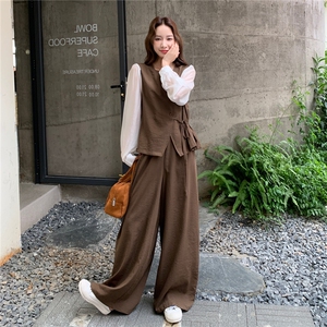 复古温柔风假两件衬衫阔腿裤两件套女2025秋季新款法式气质小个子图片