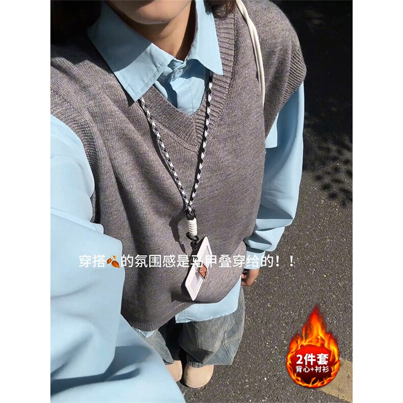 [两件套]v领马甲+衬衫叠穿内搭针织学院风上衣QZ53077-TP6098,男装衬衫,电商A102