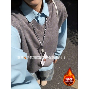 [两件套]v领马甲+衬衫叠穿内搭针织学院风上衣QZ53077-TP6098图片