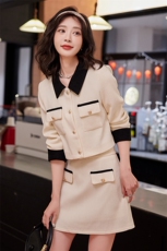 时尚百搭翻领拼色两件套女2025年春季新款小香风修身套裙，女装套装/套裙，采品优优
