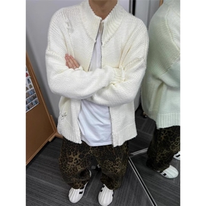 美式cleanfit破洞针织衫外套男款秋冬季潮牌高级感慵懒风毛衣开衫图片