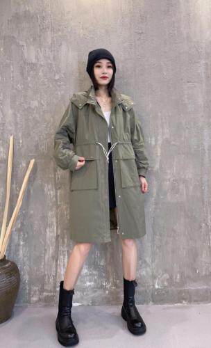 2021秋季新款欧洲站连帽休闲宽松抽绳抽褶工装风衣外套，女装风衣，L·H·X