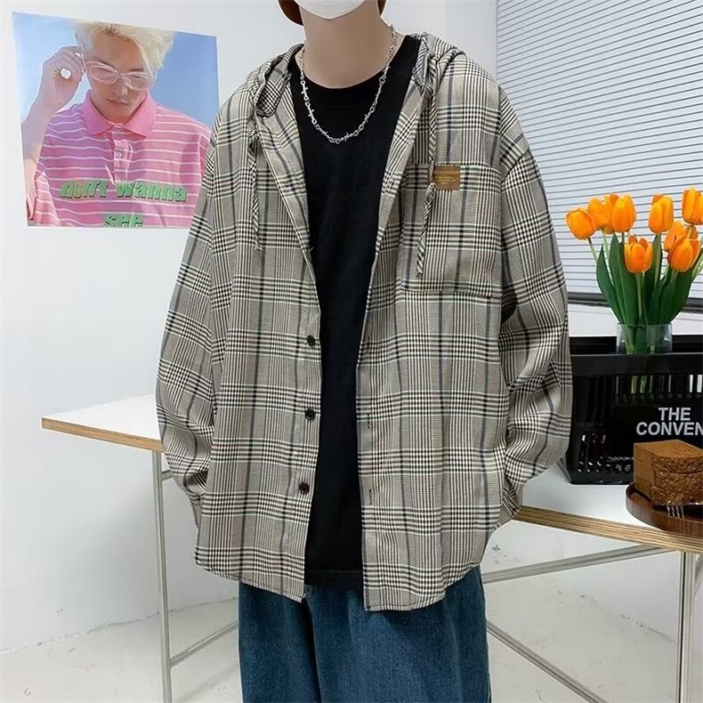 连帽格子衬衫男长袖痞帅韩版潮流高级感衬衣外套CS47P40,男装衬衫,星座410-2