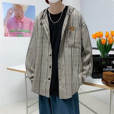 连帽格子衬衫男长袖痞帅韩版潮流高级感衬衣外套CS47P40，男装衬衫，星座410-2