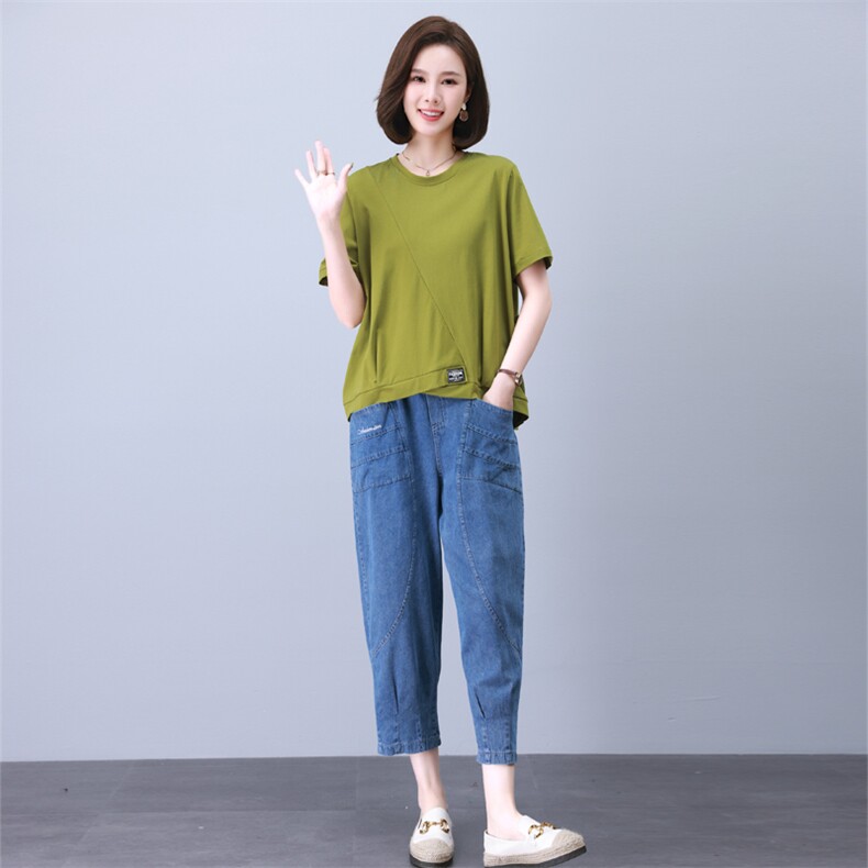 胖MM冰丝牛仔套装夏薄款宽松大码女装休闲中年妈妈装哈伦裤两件套，女装套装/套裙，叶笙衣