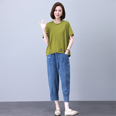 胖MM冰丝牛仔套装夏薄款宽松大码女装休闲中年妈妈装哈伦裤两件套，女装套装/套裙，叶笙衣