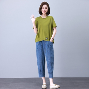 胖MM冰丝牛仔套装夏薄款宽松大码女装休闲中年妈妈装哈伦裤两件套,女装套装/套裙,叶笙衣