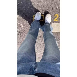 潮浅蓝色cleanfit牛仔裤男款美式高街vibe裤子高腰女直筒微喇裤图片