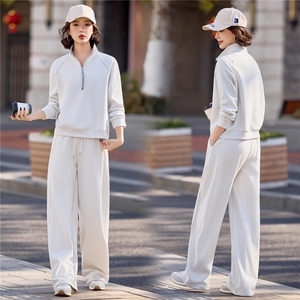 2026年新款早春高级运动感休闲卫衣卫裤老钱百搭白色女两件套套装，女装卫衣/绒衫，梦懿尔