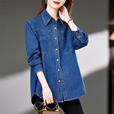 蓝色牛仔衬衫外套女宽松2025春秋新款中年妈妈减龄薄款牛仔外套潮，女装衬衫，靓衣阁