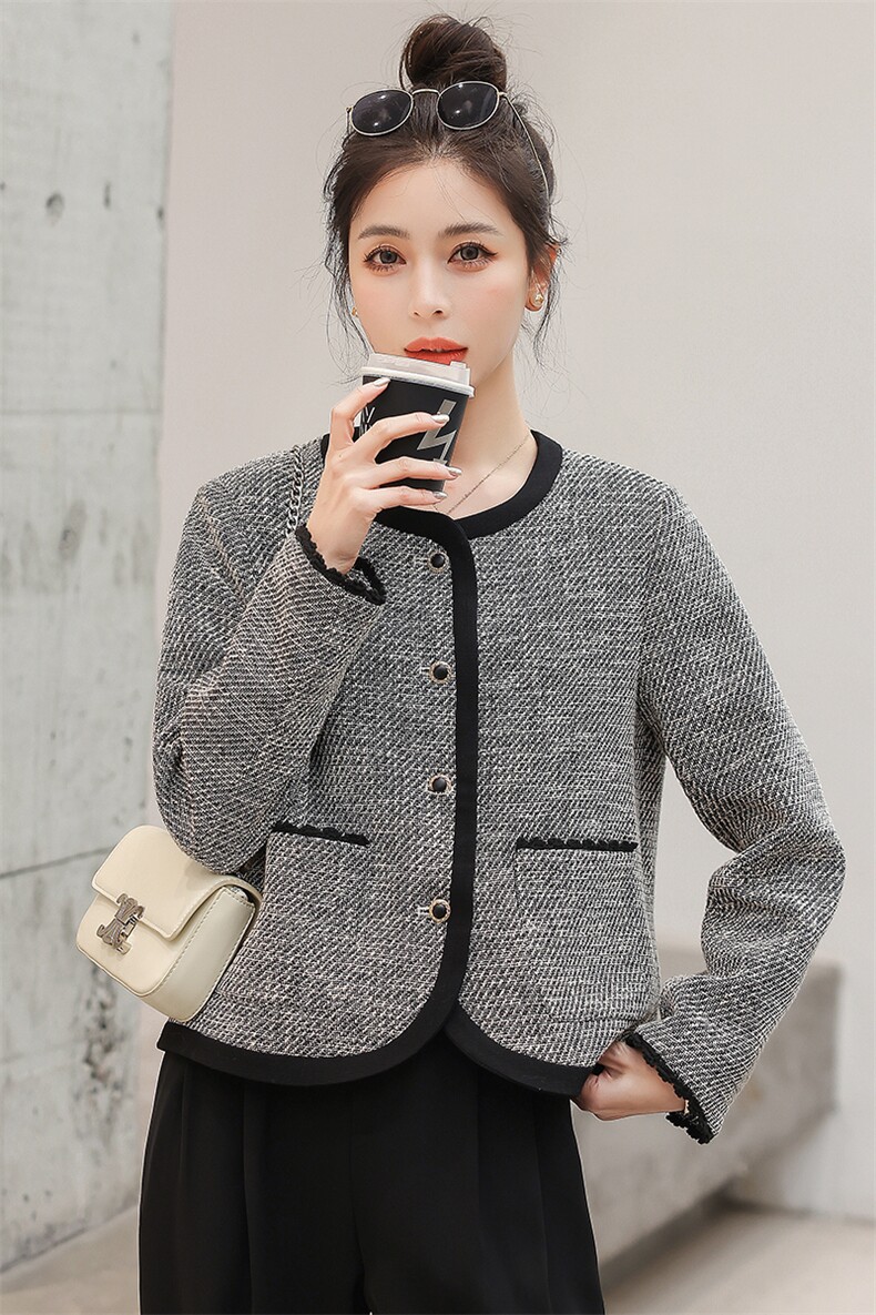 现货-2023年秋季新款法式复古气质百搭粗花百搭小香风外套女,女装短外套,霓裳依族