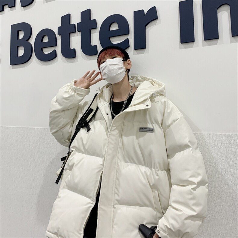 港风宽松pu皮棉服加厚白色棉衣男秋冬季情侣装外套连帽W6464-P98,男装棉衣,星座512-2