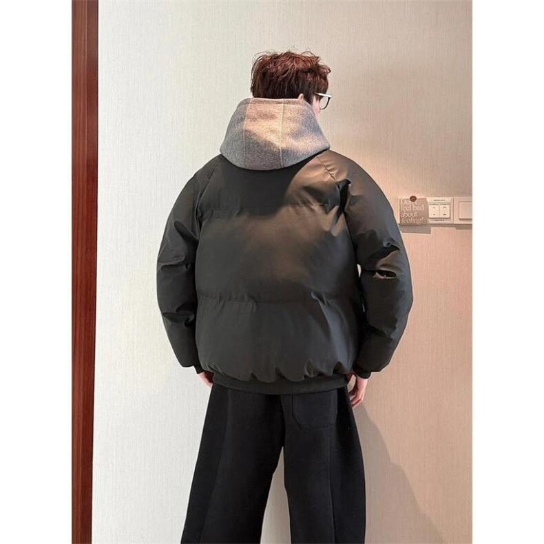 网图美式假两件pu皮短款棉服男款冬季加厚工装棉袄连帽外套特P89,男装皮衣,电商C306-1