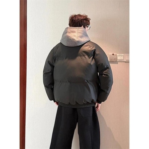 网图 美式假两件pu皮短款棉服男款冬季加厚工装棉袄连帽外套特P89图片