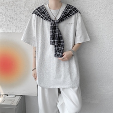 8XL-M潮情侣美式拼接打结格子假两件短袖宽松纯棉T恤男DX338，男装T恤，电商D206-1