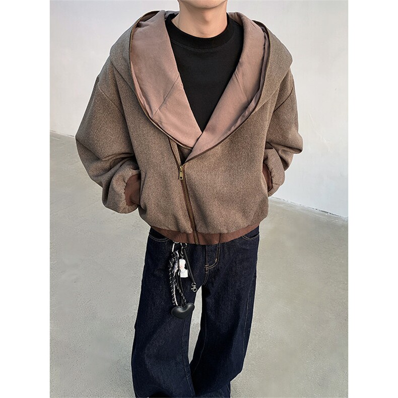 现货！25砂砾棕亚麻流浪慵懒风连帽开衫夹克WY47-P118，男装夹克，电商B288