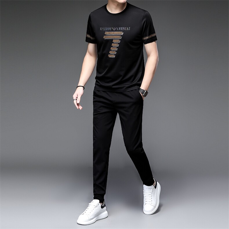 夏季冰丝短袖运动套装男士薄款大码休闲套装潮流T恤上衣裤子，男装休闲套装，电商B212（原钱塘6029）
