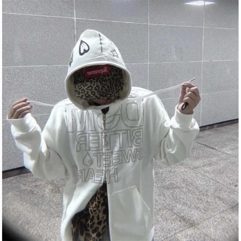 加绒印花字母开衫连帽卫衣男女2025秋宽松发夹印花通勤休闲外套,女装短外套,星座601-1