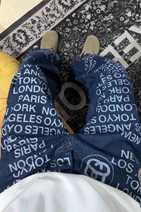 深蓝色潮牌字母满印牛仔裤小众阔腿直筒裤 NZ7062 特P49图片