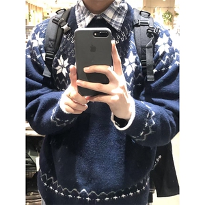 网图 雪花图案费尔岛圆领针织衫男女冬季情侣保暖毛衣-A2369P55图片