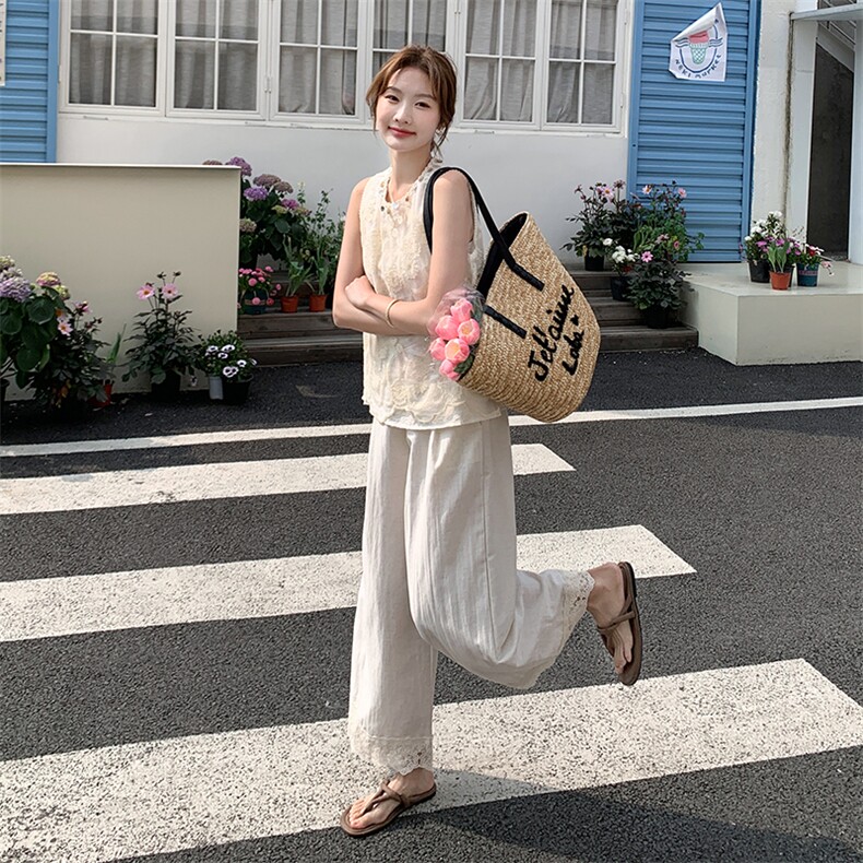 法式复古套装女2025夏季新款重工无袖蕾丝上衣阔腿裤显瘦两件套图片