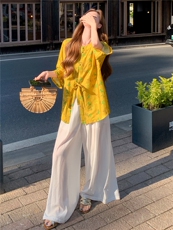 新中式印花宽松喇叭袖时尚气质小衫，女装衬衫，水衣源