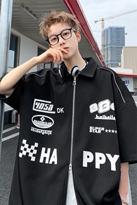 405A  港风设计感拉链装饰印花衬衫短袖T恤   CS03-P45控68图片
