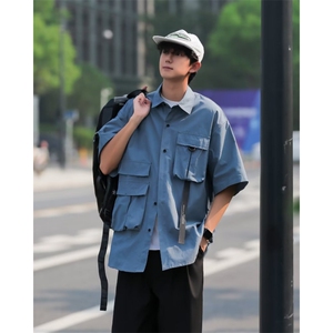 工装短袖衬衫男女山系街头宽松休闲翻领半袖黑色衬衣 CW5013图片