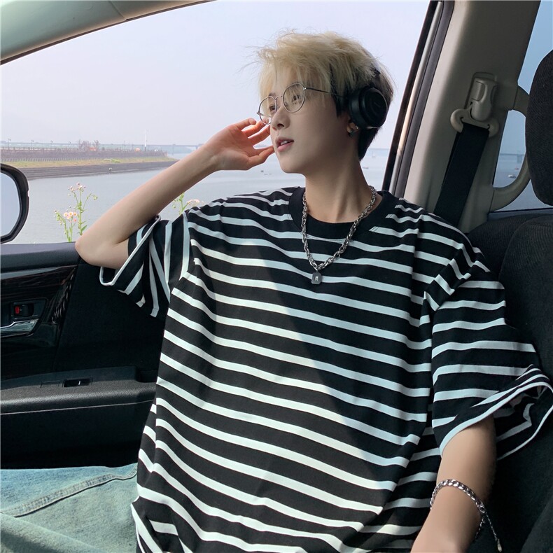 得物抖音品质条纹短袖男女T恤情侣装T2501-P35图片