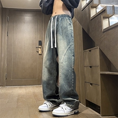 牛仔裤男潮牌做旧直筒裤子美式高街阔腿休闲长裤K760特批-40，男装休闲裤，星座718-1