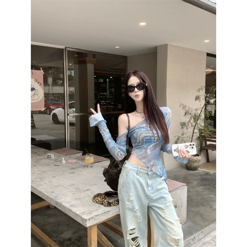 辣妹美式复古露肩长袖T恤女夏季不规则修身性感防晒网纱罩衫上衣，女装T恤，星座506A