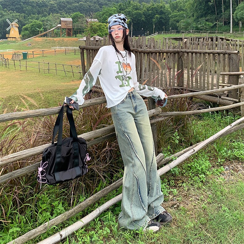 复古做旧拼接微喇裤男女宽松百搭情侣装直筒阔腿牛仔裤YD2121-P65,男装牛仔裤,星座509