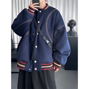 美式潮牌刺绣短款棒球服夹棉外套男冬季穿搭防风保暖毛呢夹克棉袄图片