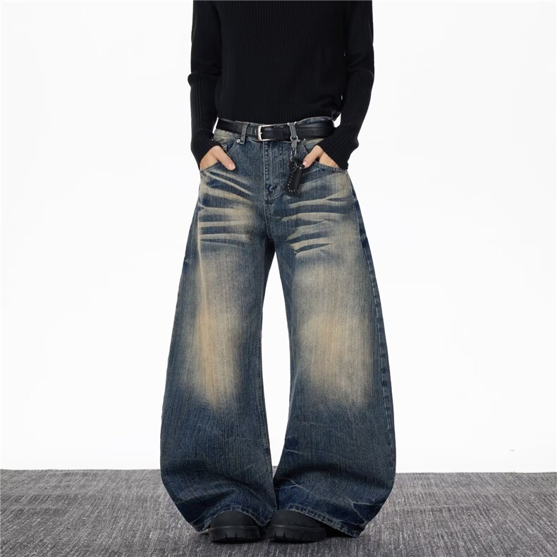 自家图复古蓝色S-3XL水洗猫须宽松牛仔裤XZ212-1-QNK9034-P57，男装牛仔裤，星座212-1