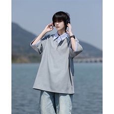 8XL-M假两件衬衫领短袖T恤大码夏季条纹拼接polo衫半袖DX1211/P45，男装T恤，电商B238