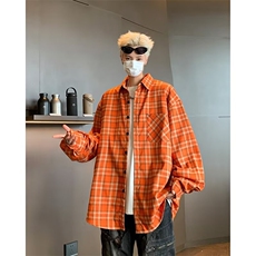 格子衬衫男长袖韩版潮流橘黄色2024秋冬新款ins宽松外套CY994-P35，男装衬衫，星座412-3