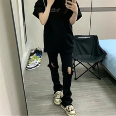 【档口现货】DK7714-批42美式高街潮牌男女直筒膝盖破洞显瘦长裤，男装休闲裤，星座603-2