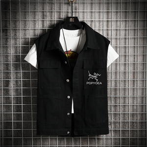 MJ258-50-控78 M-5XL 牛仔大码网格马甲男工装ins无袖外穿潮牌图片