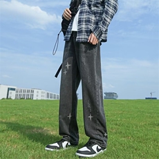 复古牛仔裤男直筒宽松阔腿水洗美式高街vibe裤子潮牌62522-p45，男装牛仔裤，星座1008
