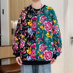 W1圆领大花大码卫衣拼接外套男撞色休闲套头衫潮团队服火锅店图片