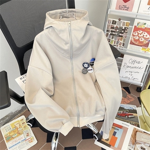 美式街头拉链连帽开衫卫衣女春秋冬季宽松加绒灰色外套Y148/P55图片