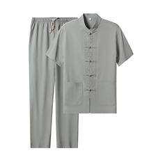 风夏季新款中老年男士短袖唐装太极服中式刺绣立领休闲套装，男装中老年男装，钱塘723