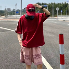 抖音得物高品质二开240克宽松纯棉美式潮牌三条杠织带短袖T恤，男装T恤，电商A486