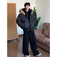 网图秋冬新款休闲百搭连帽毛领PU加厚情侣棉服MY5241TP85，男装棉衣，电商A247