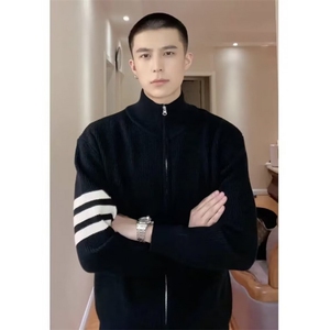 慵懒高级感正肩开衫毛衣男款美式复古立领外套cleanfit百搭针织衫