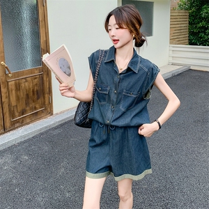 2025年新款韩版时尚设计感套装女夏季牛仔马甲背心高腰短裤两件套图片